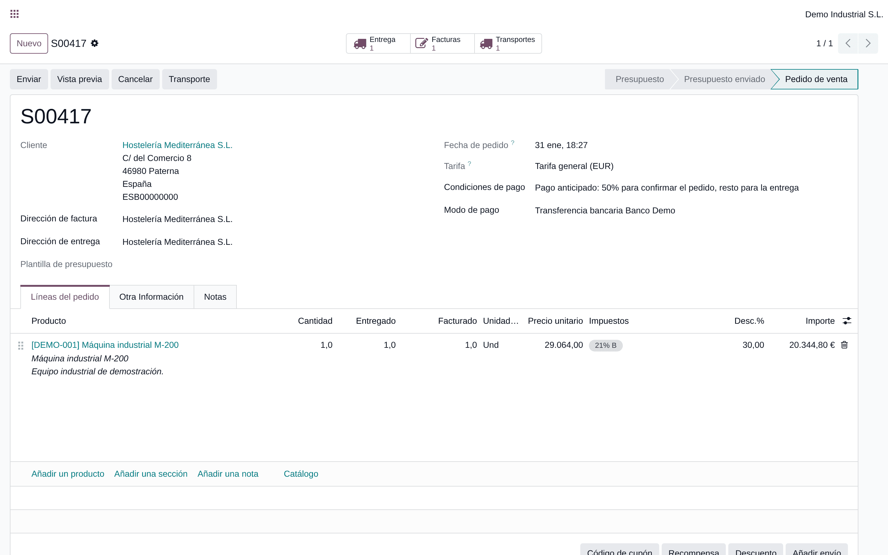 Pedido de venta en Odoo con el botón Transporte y el botón inteligente que enlaza al expediente de transporte.