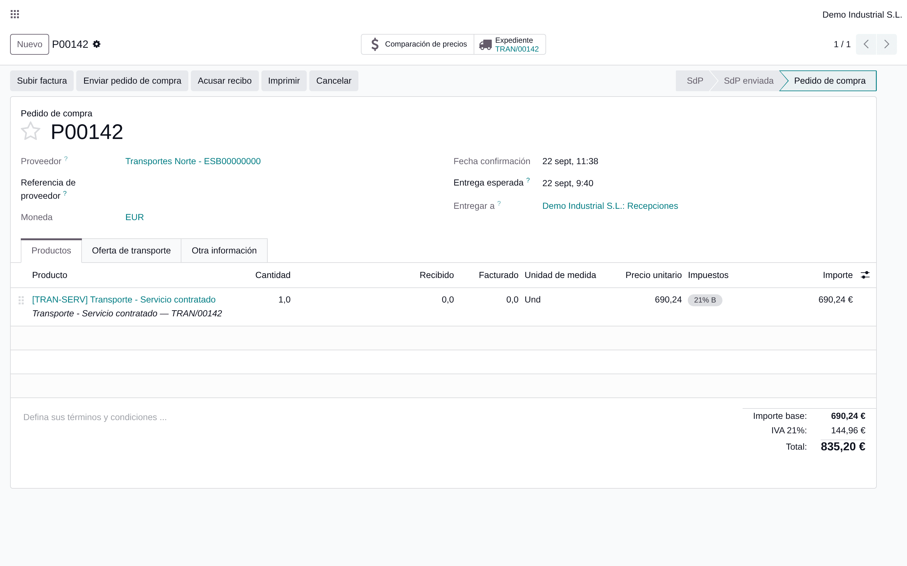 Pedido de compra nativo de Odoo generado al adjudicar el transporte, enlazado al expediente.